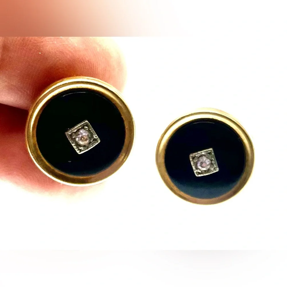 Vintage Gold Tone Cufflinks Black Lucite with Faceted Crystal Center